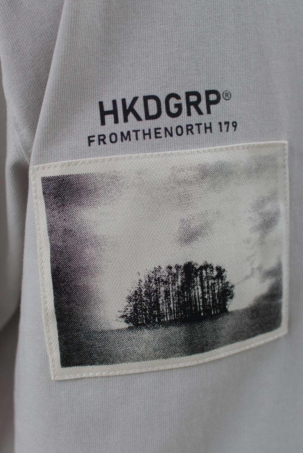 MONO TREE Tシャツ フロストグレー バック HKDGRPロゴ ピクチャーフレーム クローズアップ