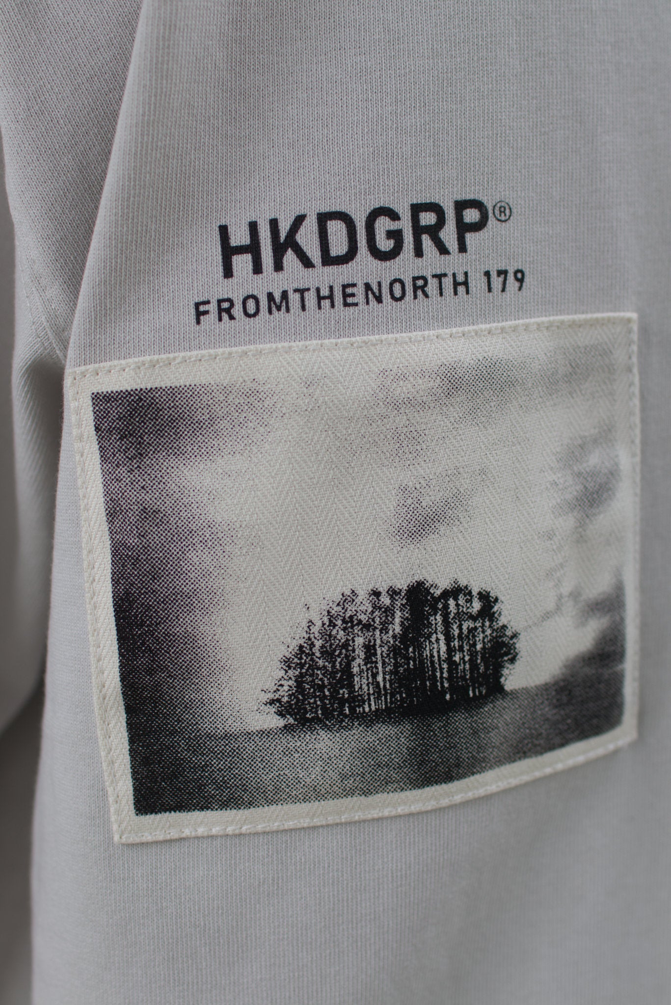 MONO TREE Tシャツ フロストグレー バック HKDGRPロゴ ピクチャーフレーム クローズアップ