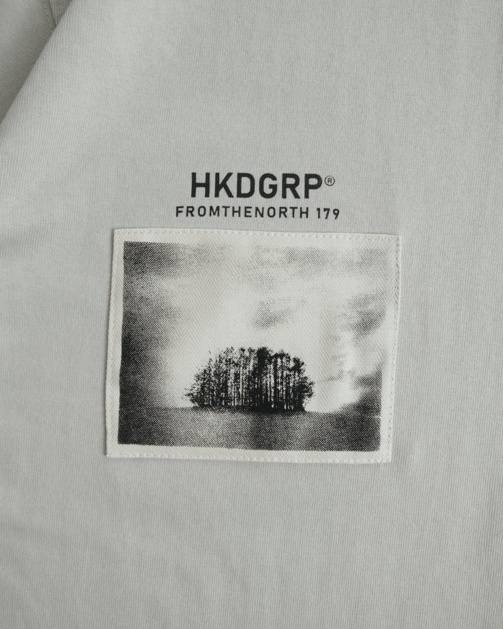 MONO TREE Tシャツ フロストグレー バック HKDGRPロゴ ピクチャーフレーム 平置き クローズアップ